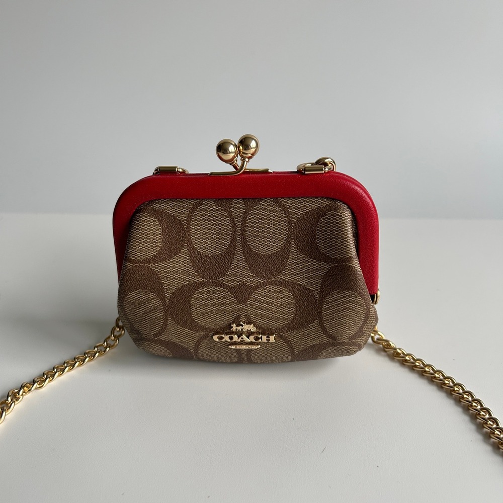 Coach Nora Kisslock Card Case Red Signature Canvas Crossbody Wallet CH520